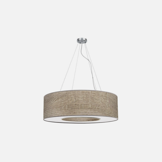 Colgante Haiti pequeño de 50 cm en cromo y madera gris por Abrila, lámpara colgante moderna para iluminación interior en salón o dormitorio, diseño doméstico con textil y metal para decoración contemporánea.
