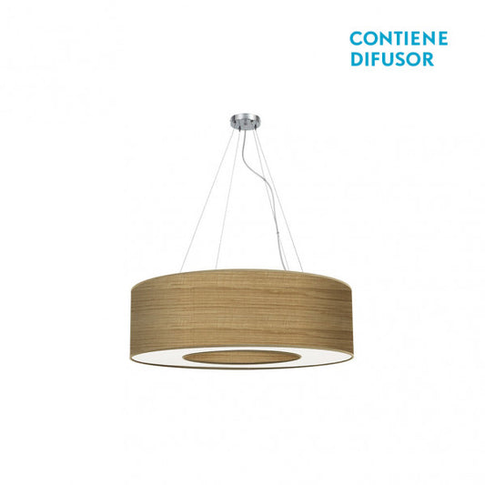 Lámpara colgante moderna Peq. Haiti de Abrila, con 4 casquillos E27 en acabado cromo y madera clara, ideal para decoración e iluminación difusa en interiores domésticos.