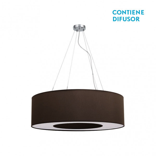 Colgante techo mediano Haiti de Abrila en acabado cromo y marrón, modelo 051996502 con 4 casquillos E27 para luz difusa en decoración interior moderna, ideal para salón o comedor con diseño textil y metal.