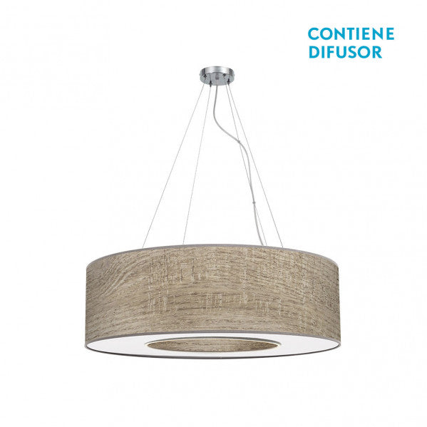 Lámpara colgante mediana Haiti de Abrila en cromo y madera gris, modelo 051996583, con 65 cm de longitud, diseño moderno de iluminación interior para decoración doméstica.