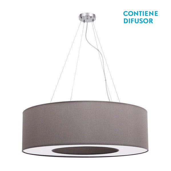 Colgante grande Haiti en acabado cromo y topo de 80 cm de Abrila, lámpara colgante moderna AI2 para iluminación interior en salones y comedores, diseño decorativo doméstico con textil y metal, modelo 051998028