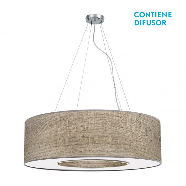 Colgante de techo Haiti grande en cromo y madera gris de 80 cm, diseño moderno de Abrila para iluminación interior en salón o comedor, lámpara colgante decorativa con estilo doméstico y textil metal.