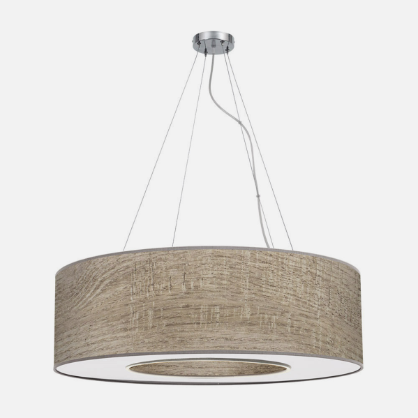 Colgante de techo Haiti grande en cromo y madera gris de 80 cm, diseño moderno de Abrila para iluminación interior en salón o comedor, estilo doméstico y decorativo con detalles en textil y metal.