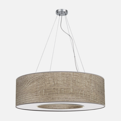 Colgante de techo Haiti grande en cromo y madera gris de 80 cm, diseño moderno de Abrila para iluminación interior en salón o comedor, estilo doméstico y decorativo con detalles en textil y metal.