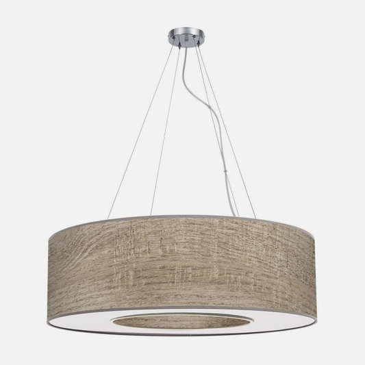 Colgante de techo Haiti grande en cromo y madera gris de 80 cm, diseño moderno de Abrila para iluminación interior en salón o comedor, estilo doméstico y decorativo con detalles en textil y metal.