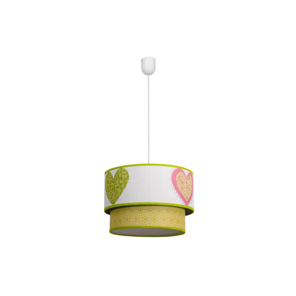 Colgante infantil de corazones verdes Abrila con socket E27, lámpara colgante de diseño textil para decoración interior infantil, modelo 056593006, ideal para habitaciones de niños con estilo juguetón y luminoso.