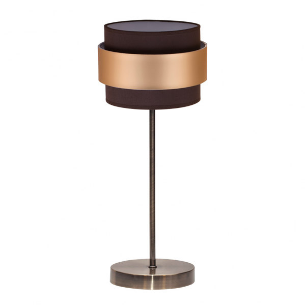 Lámpara de sobremesa Bremen de Abrila en cuero marrón con detalles en oro, diseño elegante de metal y textil para decoración de interiores domésticos, estilo natural moderno.