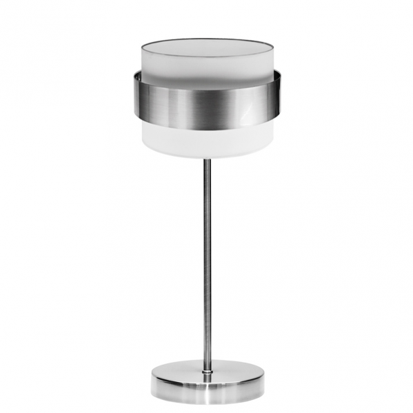 Lámpara de sobremesa Bremen en cromo, blanco y plata de Abrila, diseño moderno con pantalla textil para luz difusa, ideal para iluminación doméstica y decoración interior, casquillo E14, referencia 066471020.