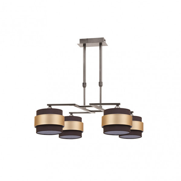 Lámpara de techo Bremen de 4 luces en cuero marrón y oro por Abrila, diseño elegante para iluminación doméstica interior con bulbos E14, ideal para decoración moderna en metal y textil.