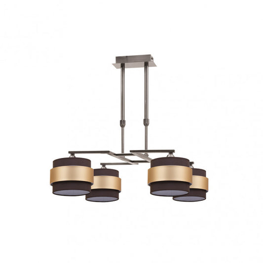 Lámpara de techo Bremen de 4 luces en cuero marrón y oro por Abrila, diseño elegante para iluminación doméstica interior con bulbos E14, ideal para decoración moderna en metal y textil.