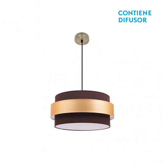 Colgante Bremen de Abrila en cuero marrón con detalles en oro, longitud 40cm, lámpara colgante de iluminación natural para decoración interior doméstica, modelo 066494014 en metal y textil.