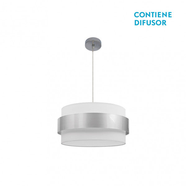 Lámpara colgante Bremen en cromo y blanco-plata de Abrila, modelo 066494020 con 3 casquillos E27 para luz difusa, ideal para decoración interior doméstica en metal y textil.