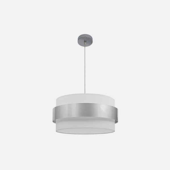 Lámpara colgante Bremen de Abrila en acabado cromo y blanco-plata, modelo 066494020 con 3 casquillos E27 para luz difusa, ideal para decoración interior doméstica en metal y textil.
