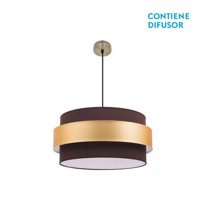 Colgante Bremen de Abrila en cuero marrón y oro, lámpara colgante de 50 cm con 3 casquillos E27, iluminación natural para interiores domésticos, diseño en metal y textil decorativo.