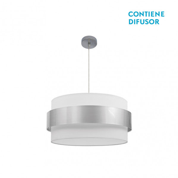 Colgante Bremen cromo y blanco-plata de Abrila, lámpara de techo interior de 50cm con 3 casquillos E27, diseño metálico y textil para decoración doméstica moderna, referencia 066495020.