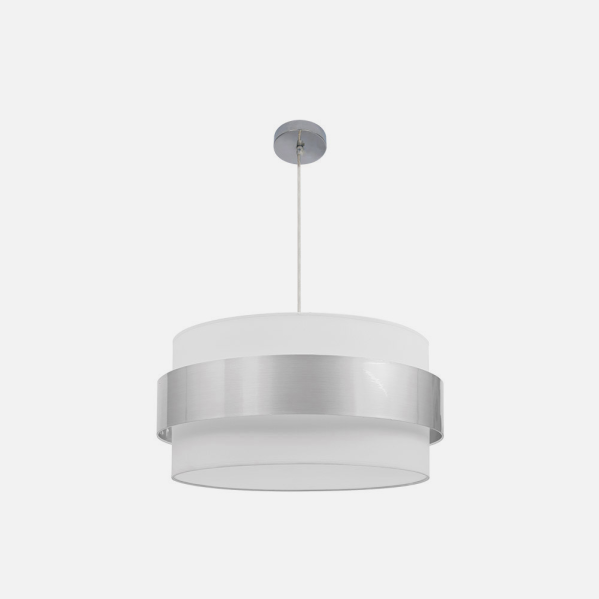 Colgante Bremen en cromo y blanco-plata de Abrila, lámpara de techo moderna con 3 casquillos E27, diámetro 50 cm, diseño de metal y textil para iluminación interior doméstica y decoración elegante.