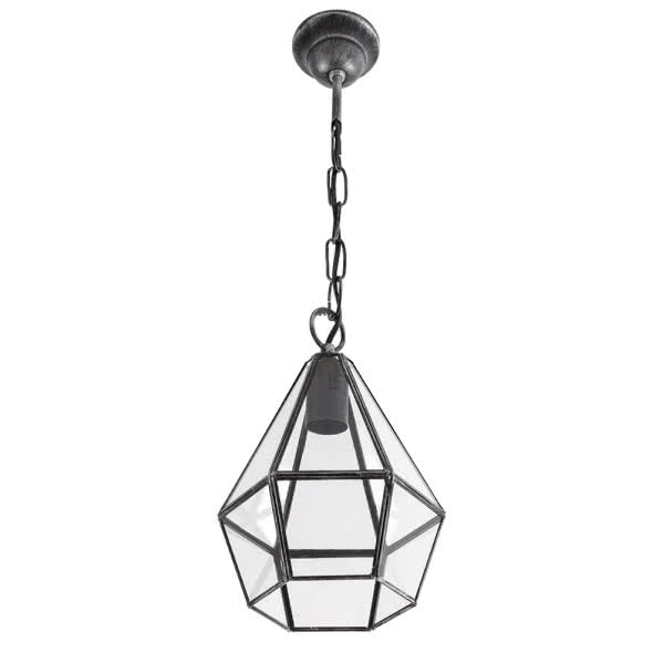 Colgante Ecija en plata de Abrila, lámpara colgante de 20x20 cm con 1 casquillo E27, diseño rústico vintage en metal y cristal para iluminación interior doméstica y decoración.