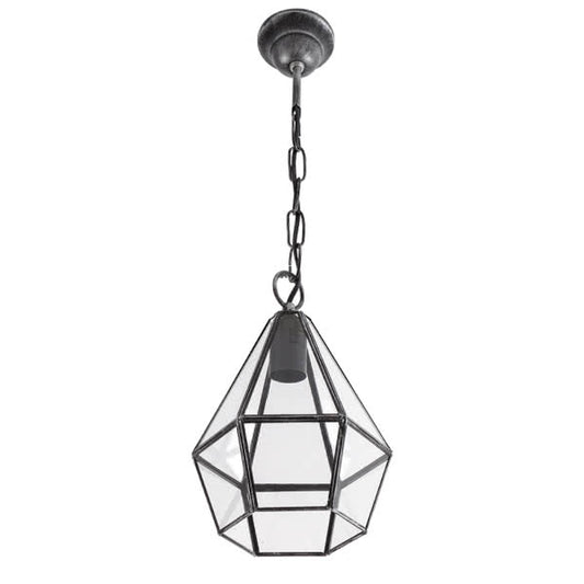 Colgante Ecija en plata de Abrila, lámpara colgante de 20x20 cm con 1 casquillo E27, diseño rústico vintage en metal y cristal para iluminación interior doméstica y decoración.