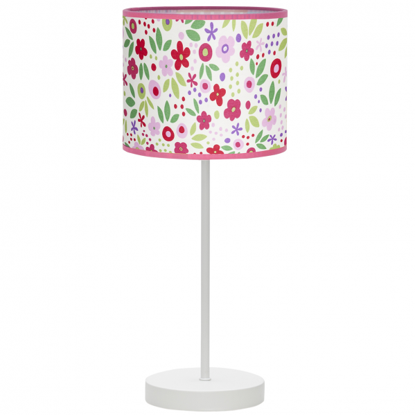 Sobremesa infantil Abrila con diseño de bosque flores y colores vibrantes, lámpara de mesa para habitación de niños en metal y textil, portalámparas E14, modelo 077171037, decoración infantil ai2.