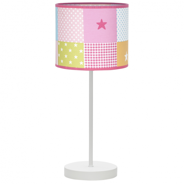 Sobremesa infantil Plus con cuadros de colores vibrantes, lámpara de mesa para niños de Abrila con base de metal y bombilla E14, ideal para decoración de habitaciones infantiles y iluminación cálida en el hogar.