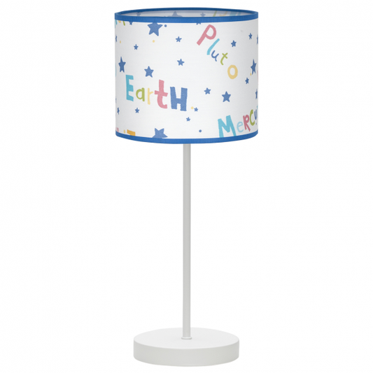 Lámpara de sobremesa infantil Abrila Universo en colores vibrantes, modelo 1xE14 con luz difusa, ideal para decoración de habitación de niños, diseño en metal y textil con tema espacial, referencia 077571001.