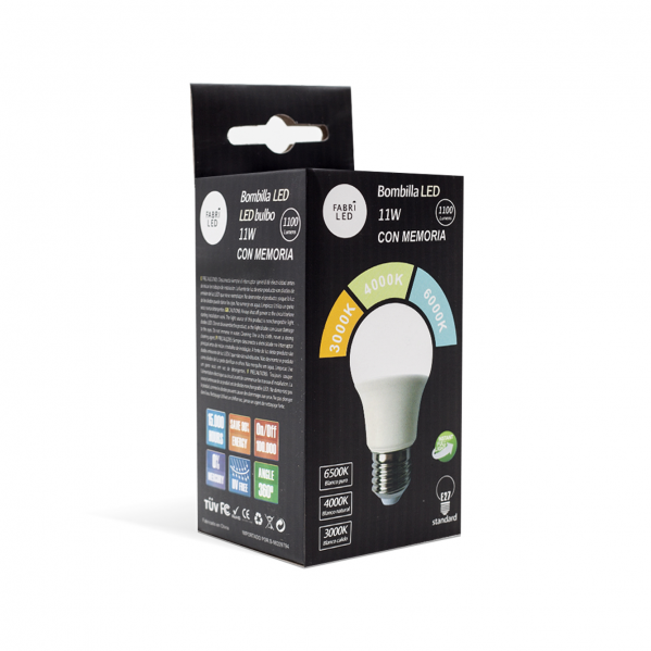 Bombilla LED E27 11W 3000K/6000K de Fabrilamp con memoria, ahorro energético, iluminación interior para el hogar – luz blanca cálida o fría – Código 082351115