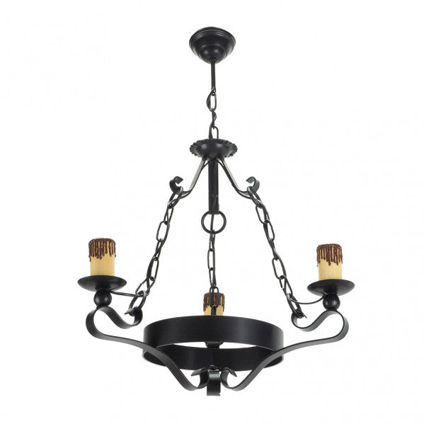 Lámpara rústica medieval negra de 3xE27 Abrila 1.505/3-NEGRO, diseño en metal y policarbonato para iluminación interior de salones, estilo doméstico rústico con toques medievales