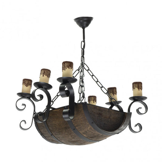 Lámpara rústica de 6 luces en diseño de barril negro y marrón de Abrila modelo 1.508/6, ideal para iluminación doméstica en casa de campo con bases E27, material de metal resina y policarbonato para decoración interior rústica.