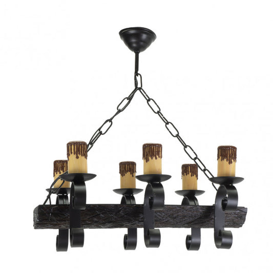 Lámpara rústica de tronco de 6 luces en negro y marrón, diseño Abrila 1.512/6 para iluminación rústica en casa de campo, fabricada en metal y resina con portalámparas E27.