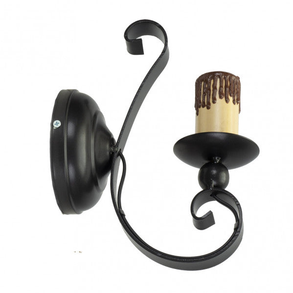 Aplique rústico medieval negro Abrila modelo 1.605/1-NEGRO con casquillo E27, diseño de metal y policarbonato para decoración interior doméstica, estilo rústico y medieval para iluminación de pared.
