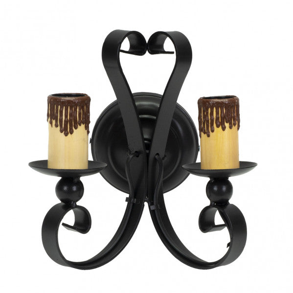 Aplique rústico medieval negro 2xE27 de Abrila, modelo 1.605/2-NEGRO, dimensiones 25x21x16 cm, ideal para decoración interior doméstica en metal y policarbonato