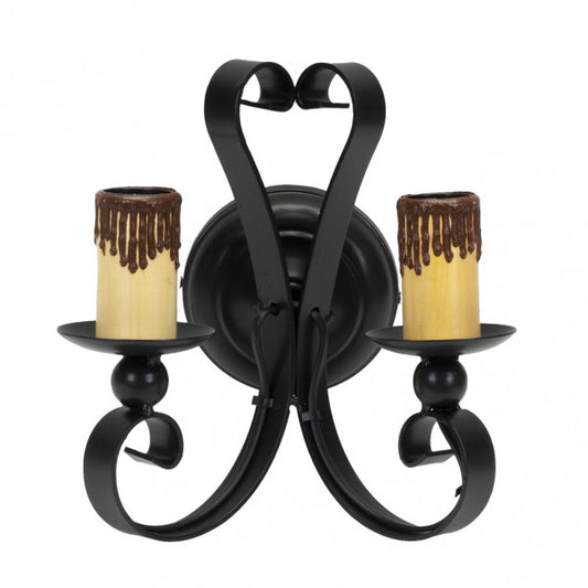 Aplique rústico medieval negro 2xE27 de Abrila, modelo 1.605/2-NEGRO, dimensiones 25x21x16 cm, ideal para decoración interior doméstica en metal y policarbonato