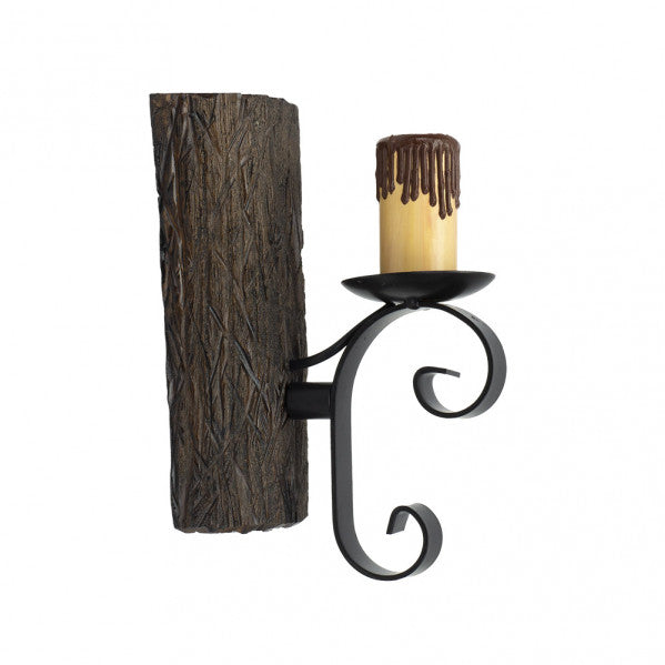 Aplique rústico de pared 1 luz estilo tronco en negro y marrón de Abrila AI2, ideal para decoración de casa de campo e interior doméstico, fabricado en metal, resina y policarbonato con casquillo E27.