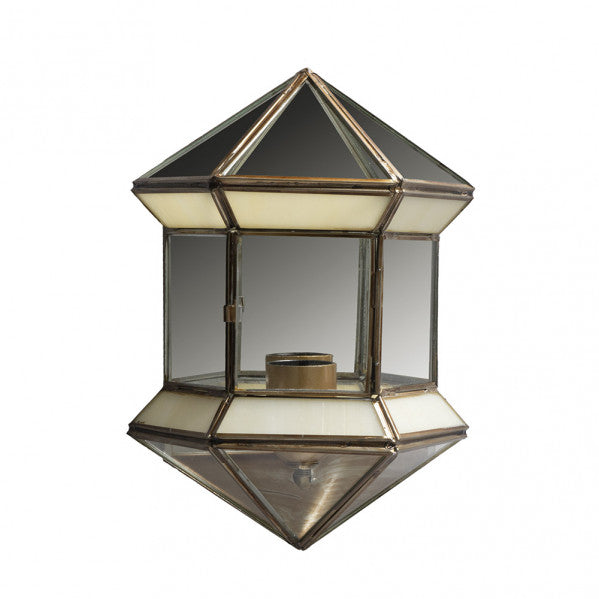 Aplique hexagonal de pared Granadino en bronce opalina de Abrila, modelo 1.673-OPALINA, diseño rústico tradicional de 27x20x11 cm con cristal decorativo para iluminación clásica en interiores.