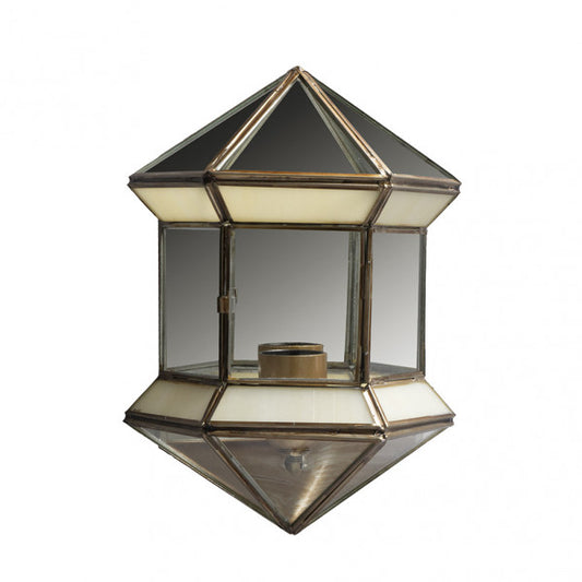 Aplique hexagonal de pared Granadino en bronce opalina de Abrila, modelo 1.673-OPALINA, diseño rústico tradicional de 27x20x11 cm con cristal decorativo para iluminación clásica en interiores.