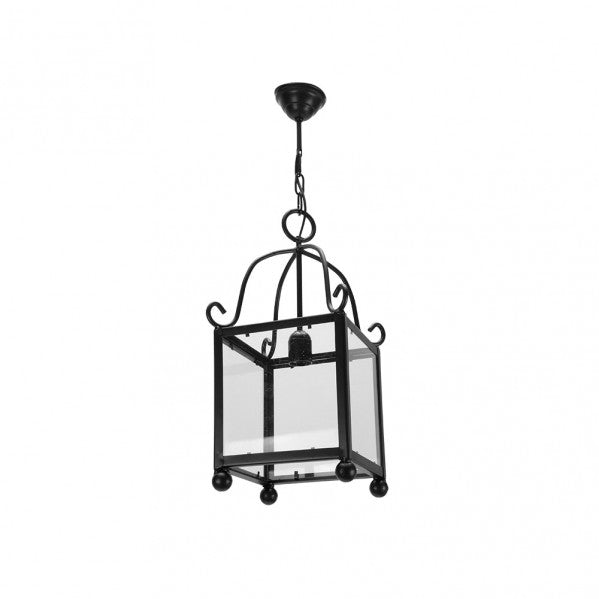 Farol colgante rústico forja Monasterio en negro, modelo Abrila 1xE27 con portalámparas E27, diseño tradicional de metal y cristal para decoración interior doméstica rústica, estilo AI2 colgante.