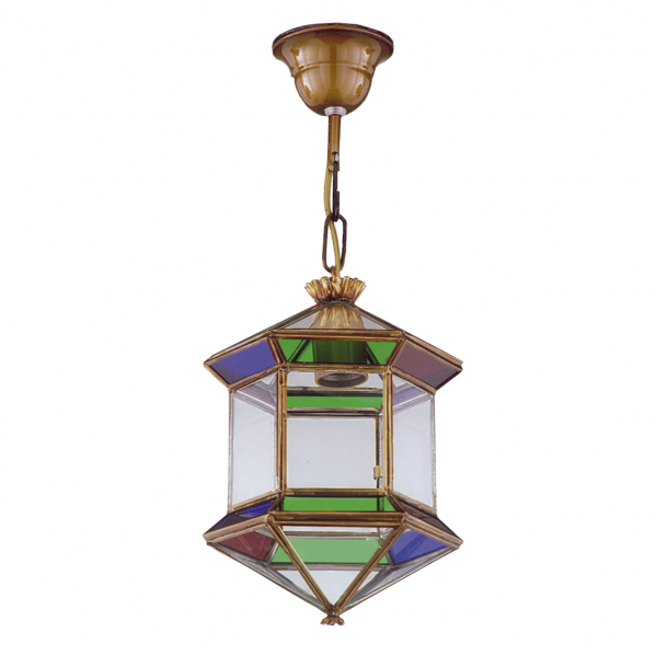 Farol granadino hexagonal de Abrila en colores vibrantes, diseño colgante rústico mudéjar de metal y cristal, 21x21 cm con casquillo E27 para interior, estilo AI2 bronce-colores 1.973-COLORES.