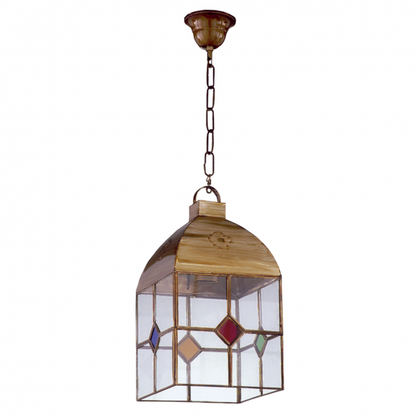 Farol colgante granadino de 4 caras grande en cuero y colores vibrantes Abrila, diseño rústico con arte árabe, ideal para decoración interior doméstica en metal y cristal, modelo 1.974/GRANDE.