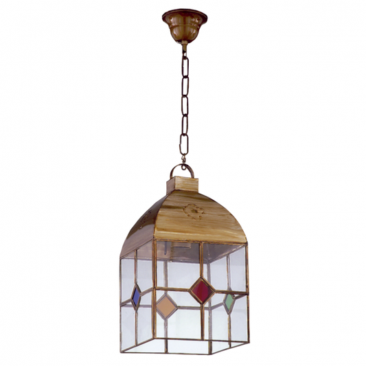 Farol colgante granadino pequeño de cuero y colores Abrila, diseño rústico con arte árabe, ideal para decoración interior doméstica, estructura de metal y cristal con luz cálida.