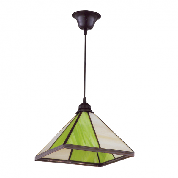 Colgante farol pirámide en color pistacho verde de Abrila, diseño eco-friendly y rústico para iluminación decorativa en interiores, modelo 1.975-PISTACHO con estructura piramidal.