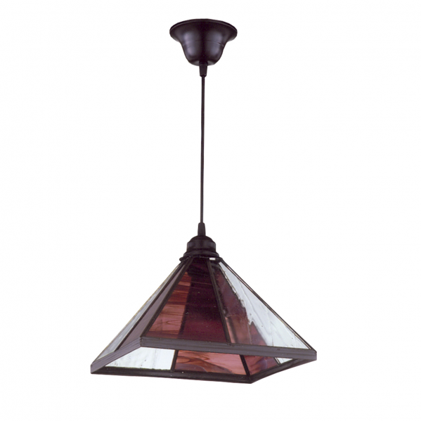 Colgante Farol Pirámide Violeta 1xE27 de Abrila, lámpara colgante rústica con estructura metálica y cristal piramidal en tono violeta, ideal para iluminación general en interiores y decoración moderna.