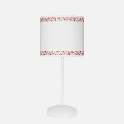 Lámpara sobremesa Cenefa de Abrila en blanco y rosa, diseño infantil con base de metal textil y cenefa decorativa, bombilla E14, ideal para iluminación infantil en interiores (modelo 107371000).