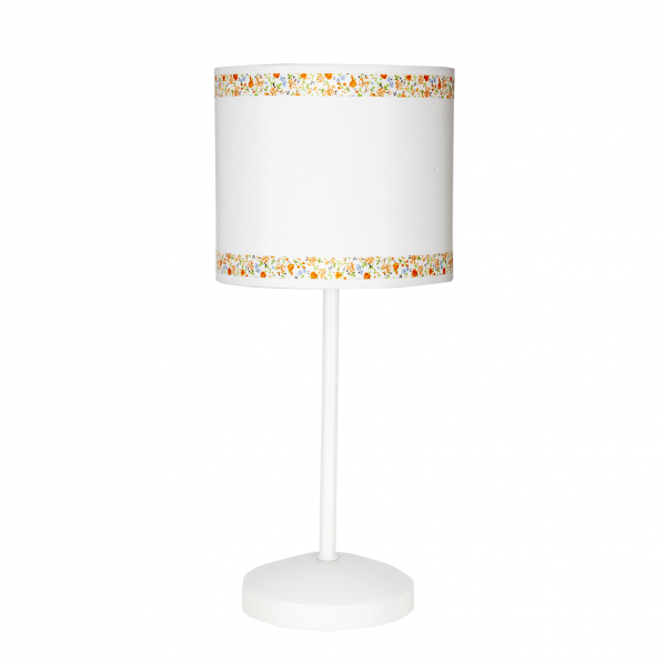 Lámpara sobremesa Cenefa de Abrila en blanco y naranja con base de metal textil, ideal para iluminación infantil y decoración de interiores, modelo 107371004 con casquillo E14.