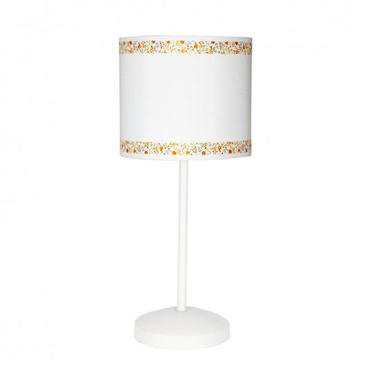 Lámpara sobremesa Cenefa de Abrila en blanco y naranja con base de metal textil, ideal para iluminación infantil y decoración de interiores, modelo 107371004 con casquillo E14.
