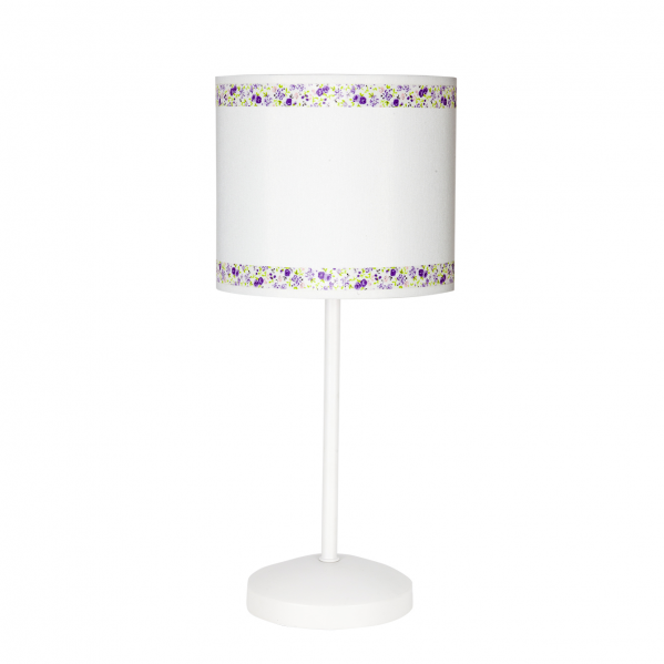 Lámpara sobremesa Cenefa de Abrila en blanco y lila, diseño infantil con base de metal y textil, ideal para habitación de niños, iluminación decorativa E14, modelo 107371019