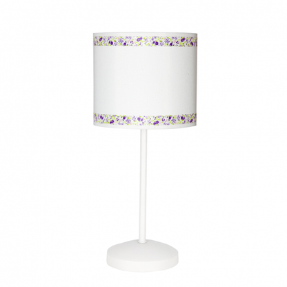 Lámpara sobremesa Cenefa de Abrila en blanco y lila, diseño infantil con base de metal y textil, ideal para habitación de niños, iluminación decorativa E14, modelo 107371019
