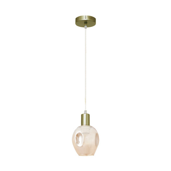 Colgante de luz Meteoro Abrila en ámbar y cuero con bombilla E27, diseño moderno de metal y cristal para iluminación interior difusa y decoración de interiores