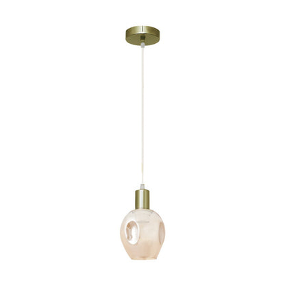 Colgante de luz Meteoro Abrila en ámbar y cuero con bombilla E27, diseño moderno de metal y cristal para iluminación interior difusa y decoración de interiores
