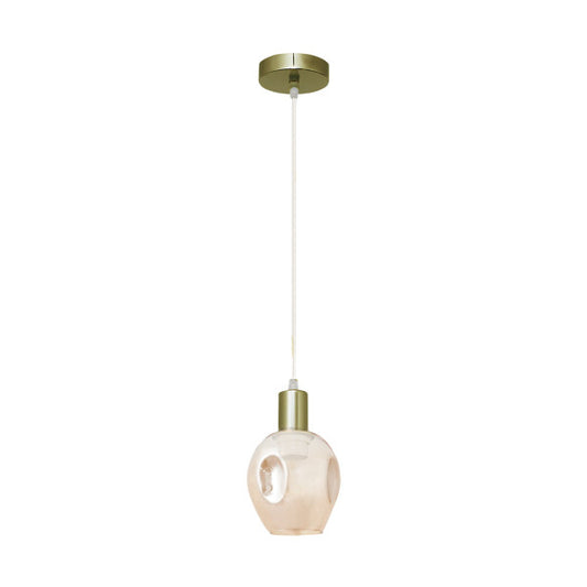 Colgante de luz Meteoro Abrila en ámbar y cuero con bombilla E27, diseño moderno de metal y cristal para iluminación interior difusa y decoración de interiores