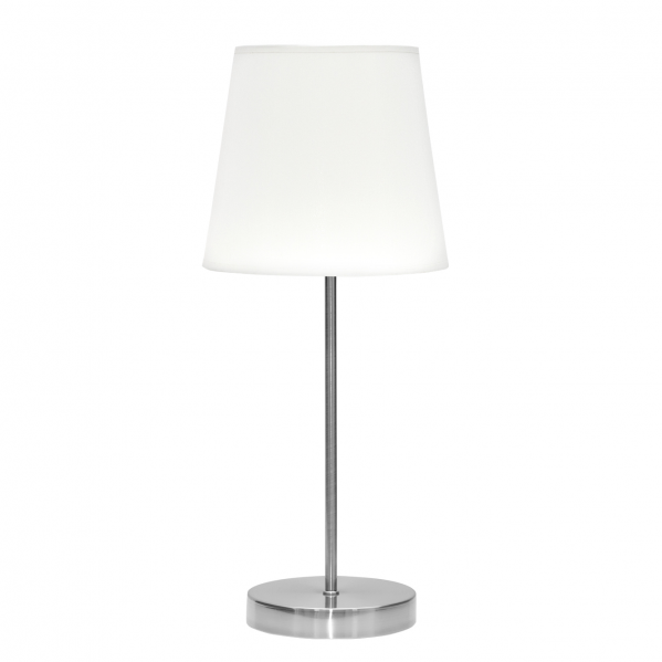 Lámpara de sobremesa Maldivas en níquel y blanco de Abrila, diseño clásico con base metálica y pantalla textil para luz difusa, bombilla E14, ideal para decoración interior doméstica, referencia 110671003.